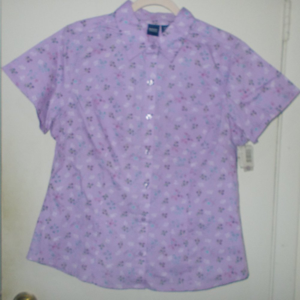 Basic Editions Floral Button Up Top Purple Size Large New With Tags